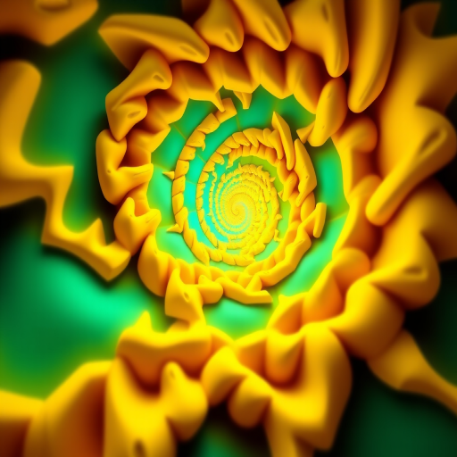 Create a vibrant fractal spiral design with a bright yellow and turquoise color scheme, using a macro lens, f-stop of f/8, ISO 100, and a wide-angle view to capture intricate details and enhance image quality.
