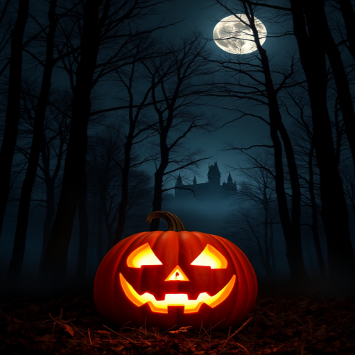 Generate a high-quality image of a spooky Halloween scene featuring a carved pumpkin with an eerie glow, set in a dark, misty forest with towering trees and a distant castle silhouette under a full moon, shot with a DSLR camera at f/2.8 aperture, ISO 200, 24mm focal length, in low light conditions with a focus on the pumpkin and soft background blur.