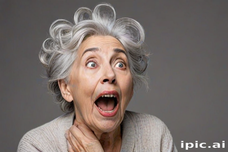 scribbly unfinished sketch, old lady with messy gray hair in a loose bun, surprised expression, mouth open, hands clasped together in front of her chest. Her eyes are wide, eyebrows are furrowed. vibe of shock or surprise.