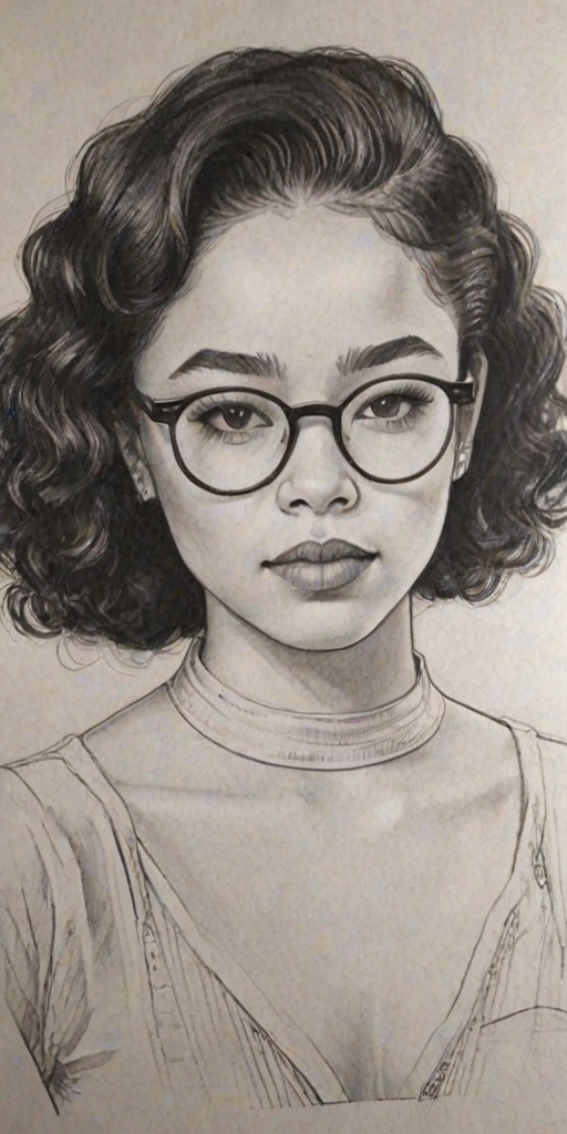 Bewitching Ella Mai, pencil sketch, portrait of Captivating woman 1929s in glasses, hair style beatnik, outline, clear lines, fine lines, 8k