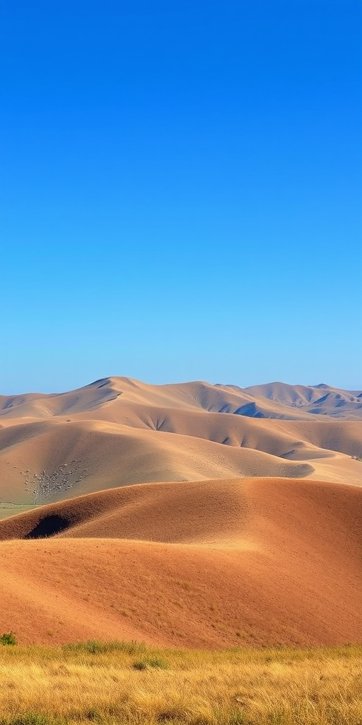Generate a high-resolution image of a serene landscape featuring rolling hills under a clear blue sky, captured with a Canon EOS 5D Mark IV, 50mm lens, f/8 aperture, ISO 100, natural light, wide-angle view.