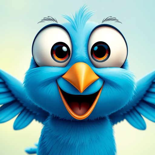 Create a vibrant, cartoon-style image of a cheerful blue bird with oversized eyes and wings outstretched, captured in a close-up view using a DSLR camera at f/2.8 aperture, ISO 100, and a focal length of 50mm to enhance details and colors.
