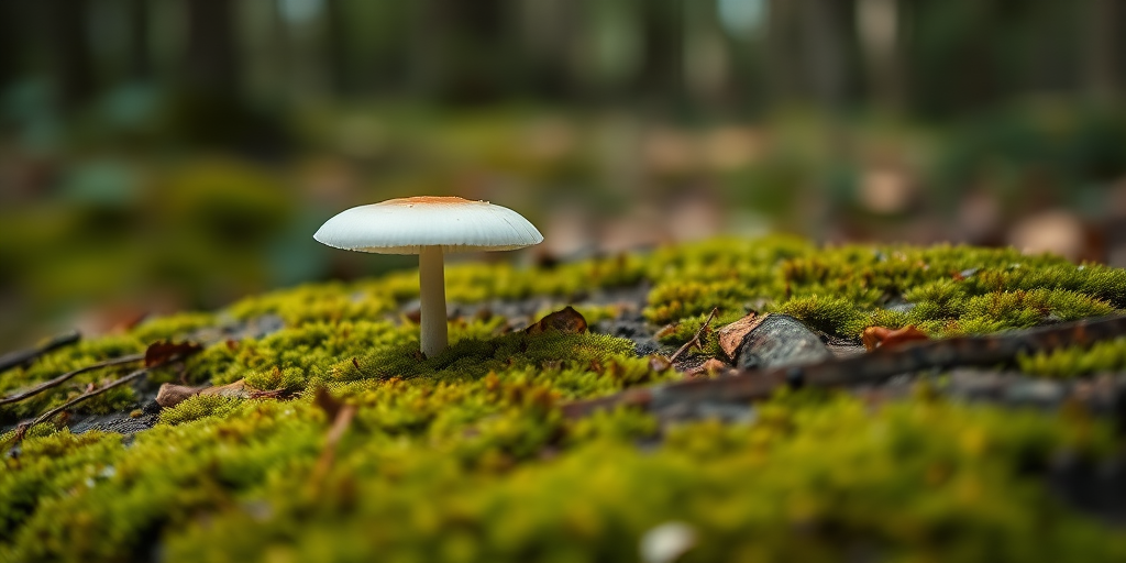 Capture a close-up image of a white mushroom growing on a moss-covered tree stump in a forest setting, using a DSLR camera with a 50mm lens, aperture set to f/2.8 for shallow depth of field, ISO 100 for maximum clarity, and natural lighting to enhance textures and colors.