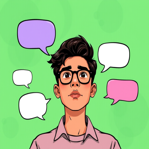 Create a vibrant digital illustration of a person with an abstract green background featuring speech bubbles, use a soft focus lens, set the aperture to f/4 for depth, use a DSLR camera type, and shoot from a slightly elevated angle to enhance perspective.