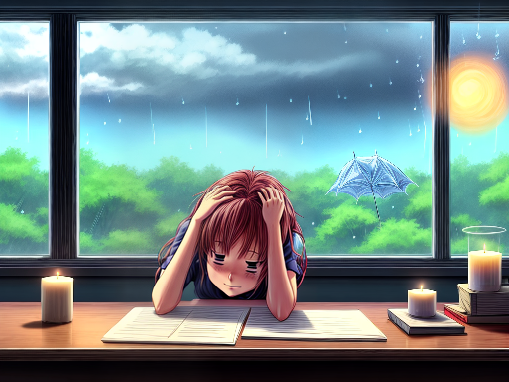 anime cartoon image of a woman at her desk resting her head on the ...