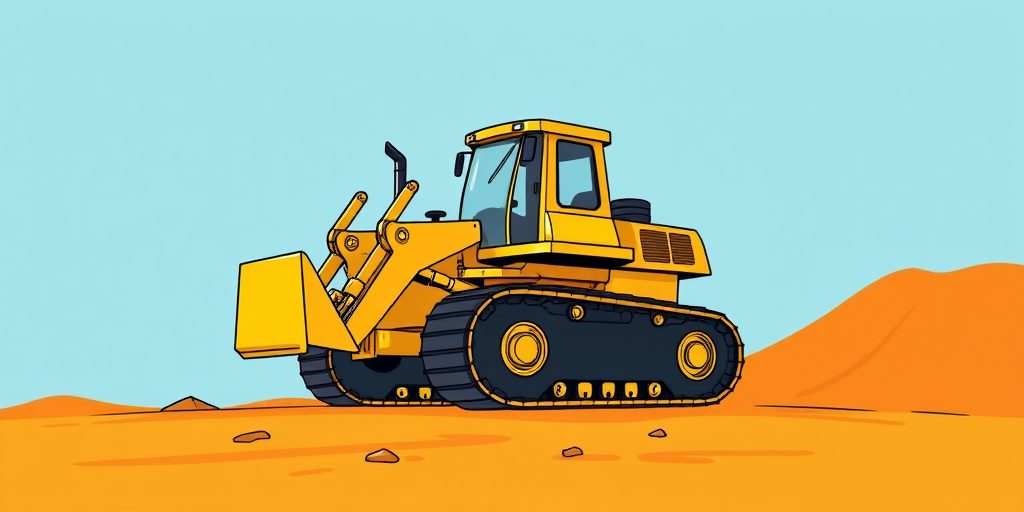 Create a high-resolution cartoon-style illustration of a yellow bulldozer on a bright blue and orange background, captured with a DSLR camera at f/2.8, ISO 100, 24mm focal length, and a vibrant color palette for enhanced visual appeal.