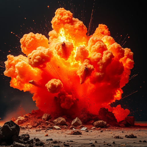 Create a high-resolution image of an explosion with vibrant orange and red colors, emphasizing the shockwave and debris, captured with a DSLR camera at f/8 aperture, ISO 100, 1/200s shutter speed, from a dynamic angle to enhance depth and detail.