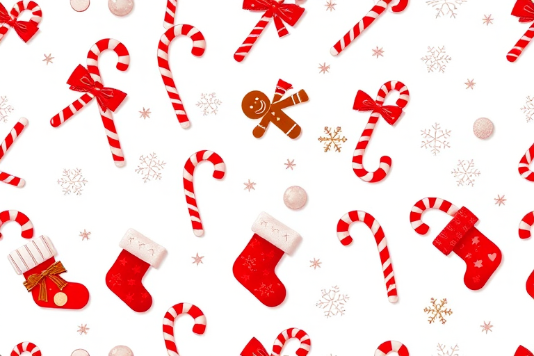 Generate a seamless Christmas-themed pattern featuring red candy canes, gingerbread men, stockings, and snowflakes on a white background, captured with a DSLR camera at f/8, ISO 200, 50mm lens, top-down view, bright lighting for enhanced detail and color vibrancy.