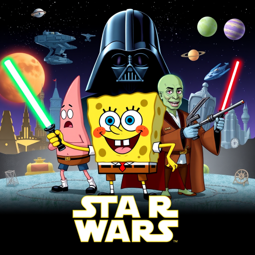 Create a parody of the Star Wars poster with SpongeBob as Luke Skywalker, holding a glowing spatula like a lightsaber. Patrick Star takes the role of Han Solo, holding a blaster, while Squidward is Obi-Wan Kenobi, draped in robes. In the background, Plankton appears as Darth Vader, with Bikini Bottom’s landmarks reimagined as spaceships and planets. The iconic Star Wars logo is swapped for "Sponge Wars," creating a playful, sci-fi adventure scene.