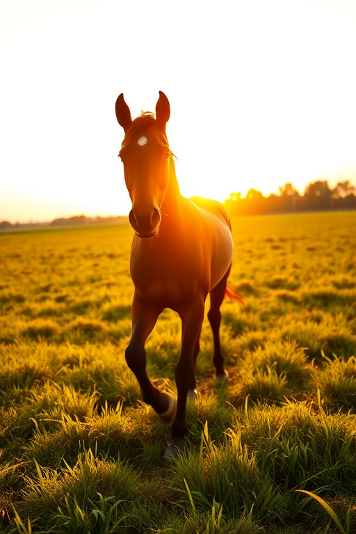 Create a realistic image of a brown horse trotting in a lush green field during golden hour, using a DSLR camera with a 50mm lens, aperture f/2.8, ISO 100, shutter speed 1/500s, capturing a low-angle view for dynamic perspective.