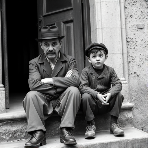A black-and-white photograph of a man and a child sitting on steps in front of a doorway. The man is dressed as a tramp with a bowler hat, mustache, and ragged clothes, reminiscent of Charlie Chaplin's iconic look. He is sitting with his arms crossed and an expression of slight sadness or frustration. Next to him is a young boy, also in worn clothes and a cap, sitting with his hands clasped, looking thoughtful. The background is an old, textured wall and a partially open door, creating a vintage, early 20th-century atmosphere.