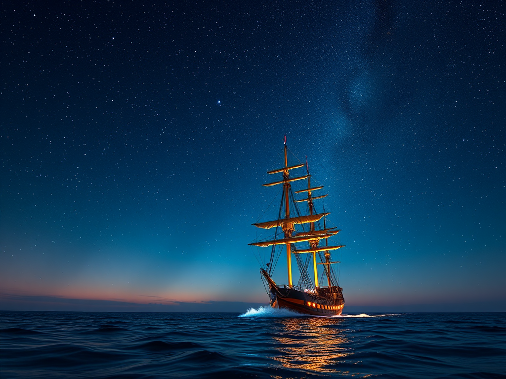 Create a high-resolution digital illustration of a tall ship sailing through a starry night sky, utilizing a Canon EOS R5 camera with a 50mm lens, f/1.8 aperture, ISO 100, and long exposure to capture vibrant colors and fine details.