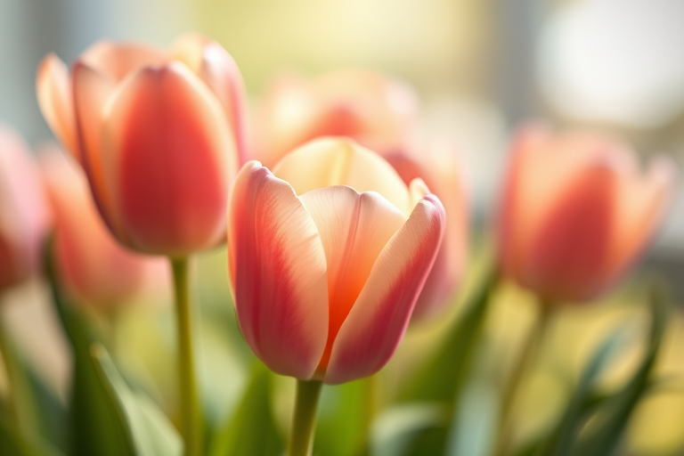Close-up of pink and peach tulips with soft bokeh background, natural light, aperture f/2.8, shutter speed 1/200s, ISO 100, DSLR camera, macro lens, shallow depth of field.