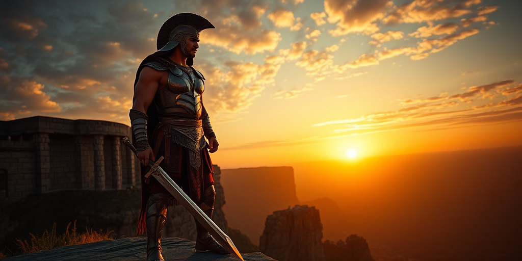 Regenerate an image of a muscular warrior in ancient armor standing on a cliff at sunset, holding a sword, dramatic lighting, captured with a Canon EOS R5, 35mm lens, f/1.8 aperture, ISO 100, with a low angle view for emphasis on the warrior's stature and the picturesque background.