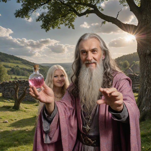 Create a super realistic photo portrait of the sorceress Nimue enthralling the old long haired and bearded magician Merlin with the scent of a magic perfume-potion. Merlin's senses are blurred and he has a happy smile on his face like that of a slightly drunken man. Nimue is standing opposite of Merlin facing him. She is holding out the potion with both hands towards Merlin's nose. A visual depiction of the pink scent soflty creeps into Merlin's nostrils. The picture is set in front of a typical British landscape with grass, a dry stone wall and old and big trees. Cloudy skies with sun-rays braking through giving the picture a soft and romantic tone. HDRI, 8k,V-Ray render