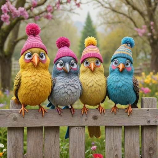 create a scene of 4 quirky  whimsical colourful comical birds each with a funny expression. they are sat on a wooden fence with colourful flowers. they are all different sizes. each one is a different colour  one is wearing a woolly hat. Each one has a different quirky google expression and there is a muted background of trees watercolour paintierly style high definition 8k resolution 3D paper mache