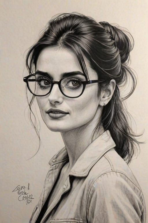 Wonderful Pen'lope Cruz, pencil sketch, portrait of Enchanting woman 1968s in glasses, hair style beatnik, outline, clear lines, fine lines, 8k