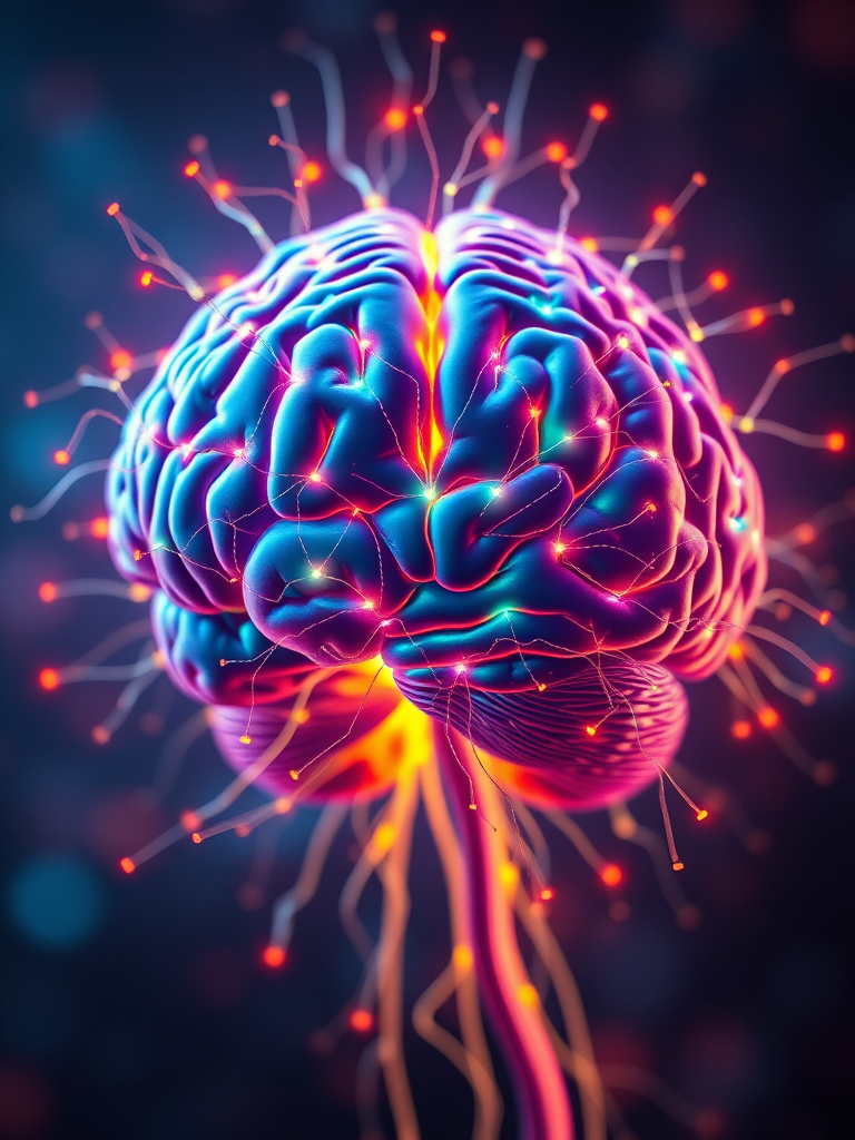 Create a hyper-realistic digital illustration of a human brain with glowing neural connections radiating energy, shown from a frontal view using a DSLR camera at f/1.8, ISO 100, shutter speed 1/125 sec, soft focus background, emphasizing vibrant colors and intricate details.