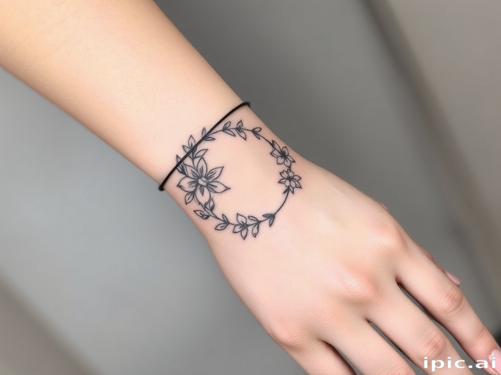 Elegant fine line tattoo wrapping around the wrist, depicting a delicate floral wreath with intricate botanical details, using thin black lines to create a subtle and feminine design