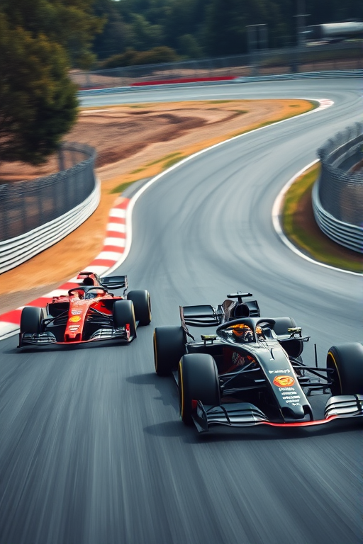 high-speed race scene with two Formula 1 cars on a curved track, dynamic angle with motion blur, Canon EOS 5D Mark IV, f/4 aperture, 1/500 sec shutter speed, ISO 400, wide-angle lens, vibrant colors and high contrast for enhanced clarity