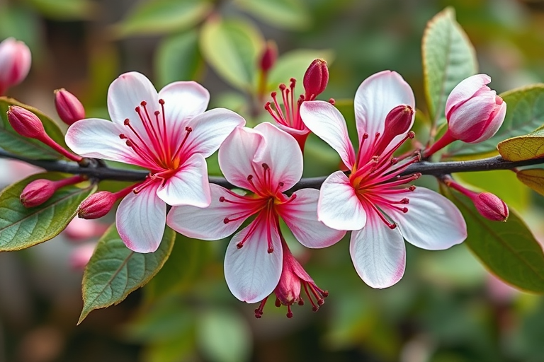create a detailed illustration of a flower branch with intricate leaves and blooms, macro lens, aperture f/2.8, shutter speed 1/125, ISO 100, natural light, top-down view, DSLR camera