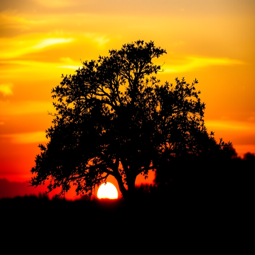 Create an image of a silhouetted tree against a sunset background with vibrant colors, using a DSLR camera, aperture f/5.6, ISO 100, 24mm focal length, and a shallow depth of field for enhanced detail.