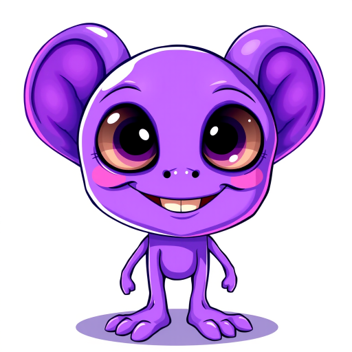 Create an illustration of a purple alien character with large eyes, a quirky smile, and cartoonish limbs, in a bright and colorful style with a white background, using a digital drawing tablet with a resolution of 300 DPI, focused on vibrant colors and clean outlines, captured at a high-angle view with soft lighting.