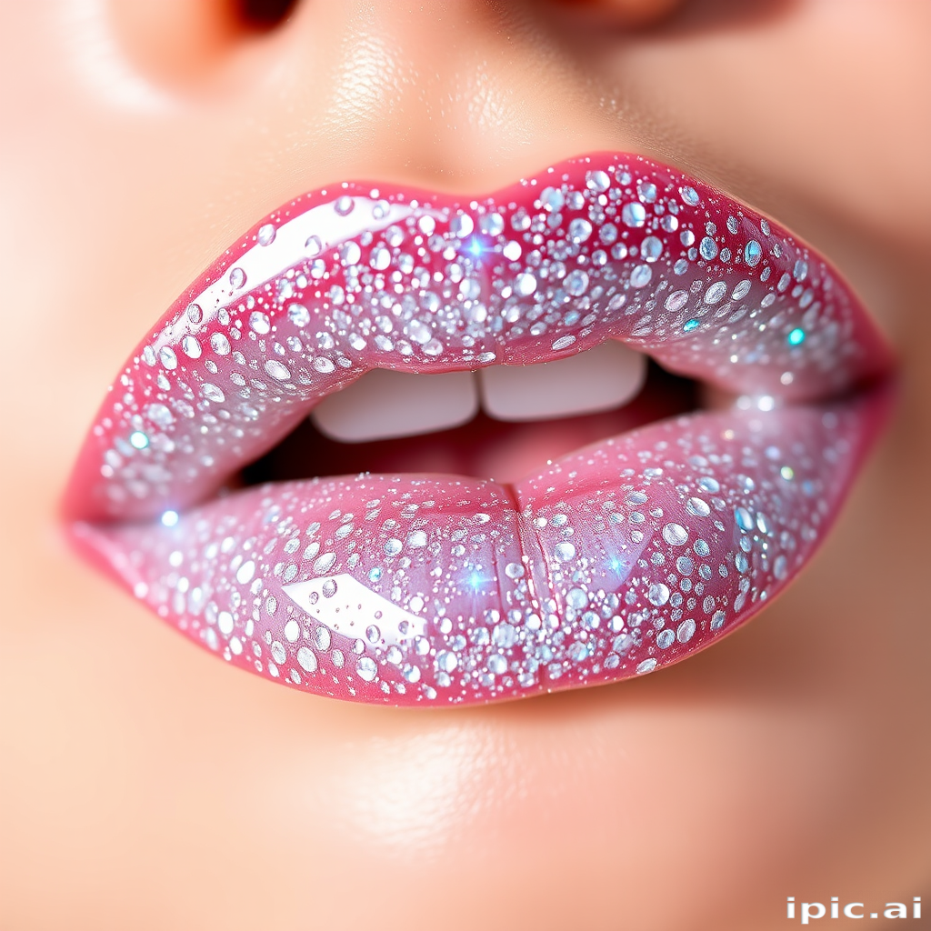 Dazzling "Diamond Dew" lip style features a clear base packed with multi-sized, colorless glitter particles, creating a stunning, light-reflecting effect that mimics precious gems