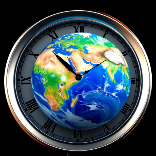 Create a highly detailed 3D rendering of Earth positioned within a clock face, showcasing continents and oceans vividly, with a glossy metallic rim around the clock face featuring Roman numerals, in a high-resolution format, captured with a DSLR camera at f/2.8 aperture, ISO 100, with a wide-angle lens at 24mm, in a studio lighting setup to enhance color contrast and depth.