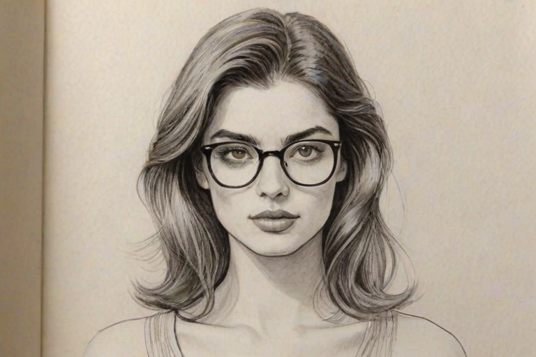 Comely Diana Silvers, pencil sketch, portrait of Pleasing woman 1978s in glasses, hair style beatnik, outline, clear lines, fine lines, 8k
