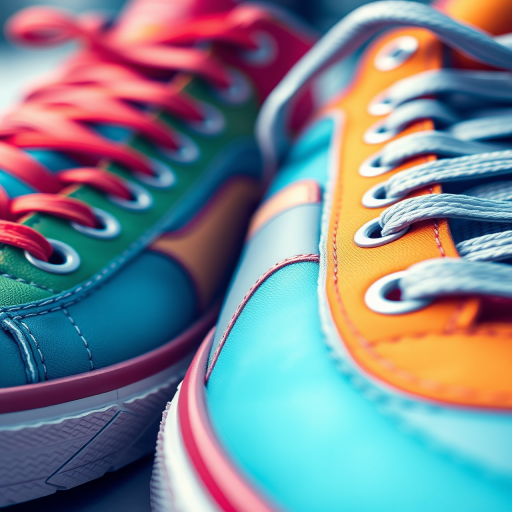 Create a high-resolution digital illustration of a close-up view of colorful sneakers, emphasizing details of the shoe texture, use a shallow depth of field to blur the background, shot with a DSLR camera, aperture set to f/2.8, ISO 100, and focal length of 50mm, with a vibrant color palette and smooth gradients.