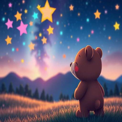 fantasy landscape with a cute cartoon bear looking at colorful stars hanging in a night sky, vibrant colors, dreamy atmosphere, soft focus, DSLR camera, f/1.8 aperture, ISO 200, 50mm lens, wide-angle view, shot at dusk