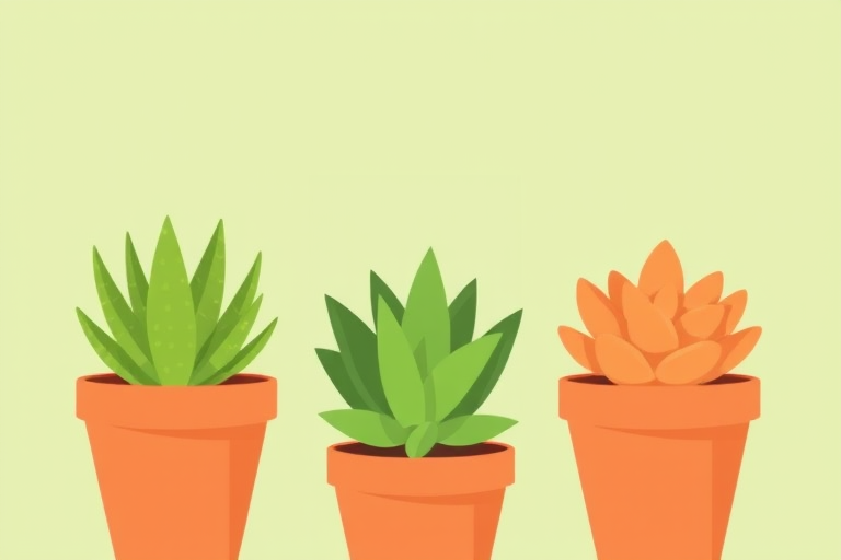 three stylized succulent plants in terracotta pots with a light green background