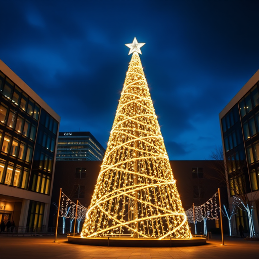 Generate an image of a large, brightly lit Christmas tree with a star on top, set in an outdoor plaza during twilight. The tree should be made of glowing lights arranged in a conical shape, surrounded by modern architecture. The scene should convey a festive and warm atmosphere, emphasizing the tree's height and the twinkling lights.