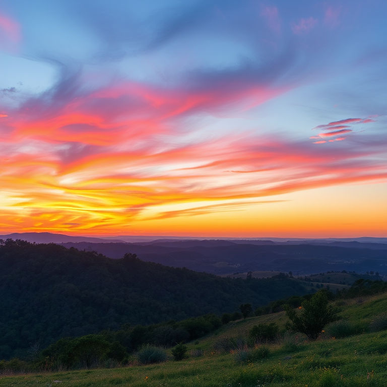 Create a high-resolution image of a serene landscape at sunset with vibrant colors, using a DSLR camera at f/8, ISO 200, 1/60s shutter speed, a wide-angle lens, and a landscape photography style to enhance image quality.