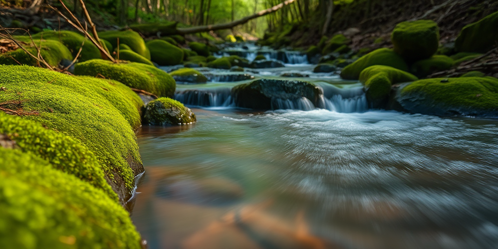 capture a serene forest stream with flowing water over moss-covered rocks, use a Canon EOS R5 with a 24-70mm f/2.8 lens, aperture set to f/11 for depth of field, shutter speed 1/4 sec for smooth water effect, and ISO 100 for clarity, in vibrant natural light and at a low angle for dynamic perspective.