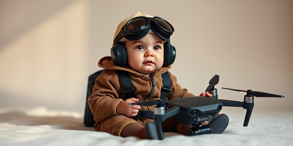 Create an image of a baby in a pilot outfit with goggles, sitting on a soft surface and holding a drone controller, in a softly lit neutral background, taken with a Canon EOS R5, 50mm lens, f/1.8 aperture, ISO 100, using natural light for a warm, cinematic look.