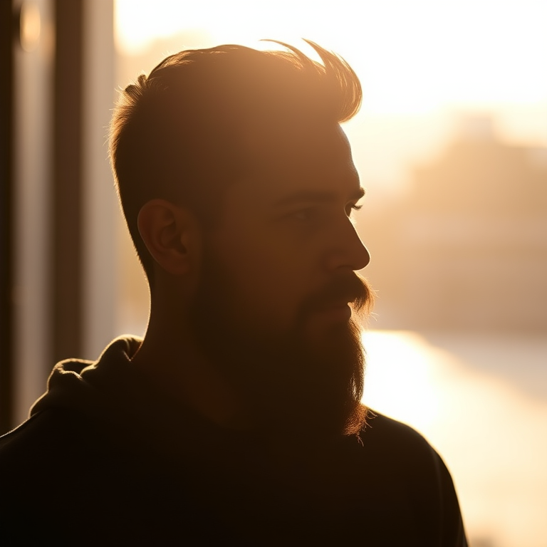 Regenerate the image of a stylized silhouette of a bearded man with a soft focus background, using a DSLR camera, 50mm lens, f/1.8 aperture, ISO 100, and natural lighting for enhanced detail and depth.