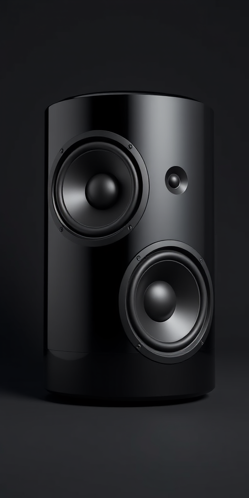 Create a realistic 3D rendering of a black speaker with two large circular woofers, using a high-resolution camera at f/2.8 aperture, ISO 100, 50mm lens, shot from a slightly elevated angle with soft box lighting for enhanced detail and texture.