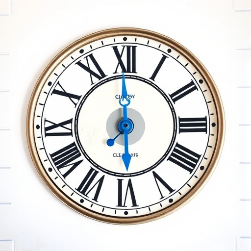 Create a high-resolution image of an ornate clock face featuring Roman numerals, with a blue hour hand and a black minute hand, set against a white background, captured using a DSLR camera with a 50mm lens, f/2.8 aperture, ISO 100, and natural lighting from a soft window source.