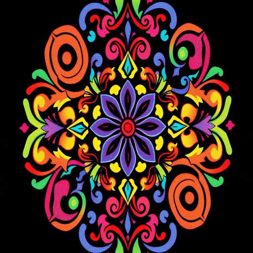 Create a vibrant and intricate patterned design featuring colorful floral and swirl motifs on a black background, shot with a Canon EOS R5 at f/8, ISO 100, 50mm lens, using a macro photography style to enhance details and clarity.