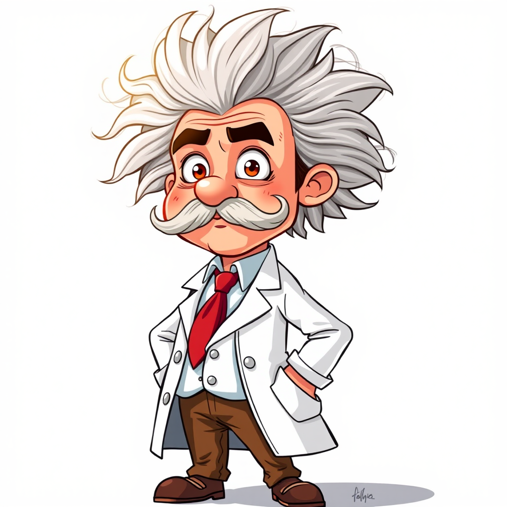 Create a cartoon-style illustration of a scientist with wild white hair and a mustache, wearing a white lab coat, red tie, and brown pants, standing with an expressive face, using a Canon EOS R5 with a 50mm lens, aperture f/2.8, ISO 100, and natural lighting for a vibrant appearance.