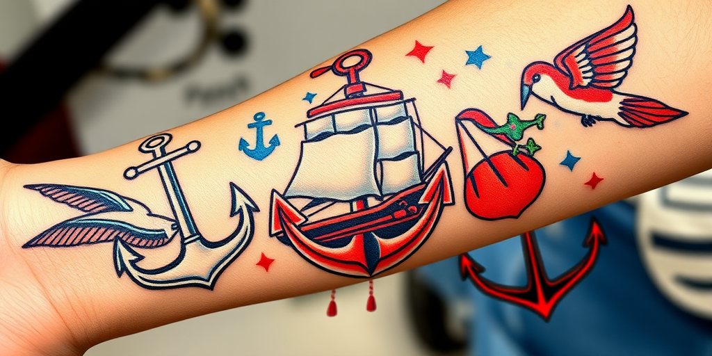 Traditional American tattoo style known as "Sailor's Pride" featuring bold outlines, vibrant primary colors, and classic nautical motifs like anchors, ships, and swallows, perfect for forearm or bicep placement