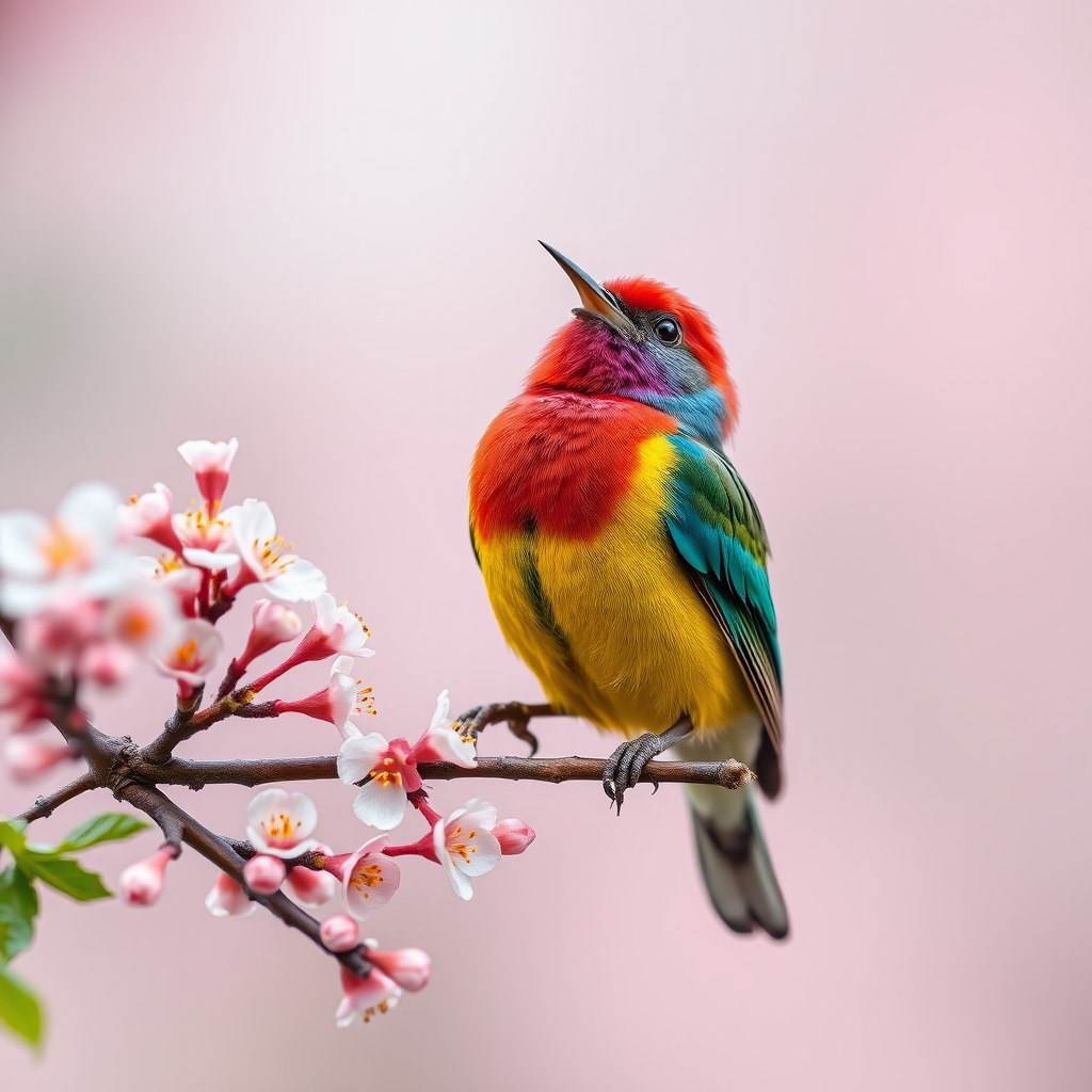 A colorful bird perched on a blossoming branch, singing joyfully, soft background with gentle pastel colors, macro photography, aperture f/2.8, shutter speed 1/200s, ISO 100, natural light, DSLR camera, high dynamic range.