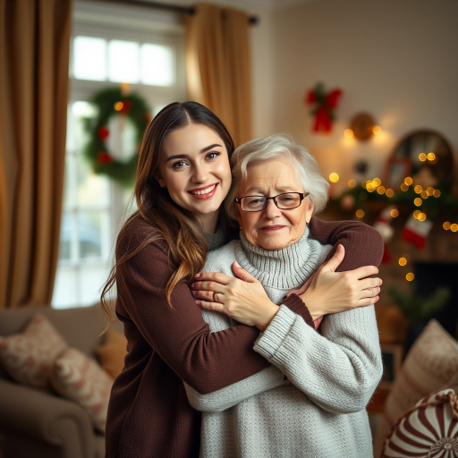 portrait of a young woman and an older woman embracing in a cozy living room decorated for Christmas, warm lighting, soft focus, 50mm lens, f/1.8 aperture, ISO 200, natural light, DSLR