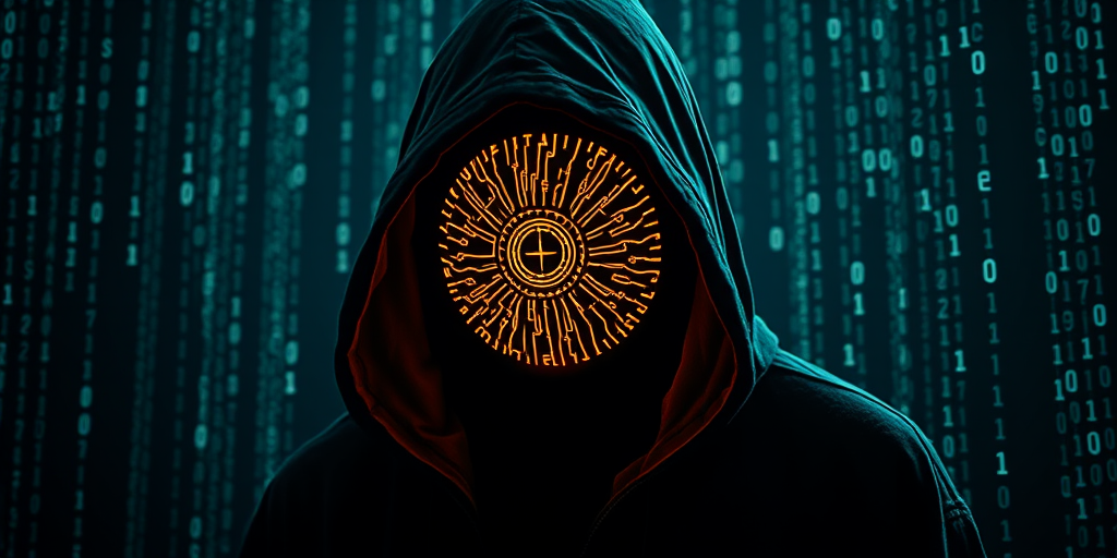 Create a digitally rendered image of a hooded figure with a glowing, circuit-patterned orb for a head, surrounded by cascading binary code, using a 50mm lens, f/1.8 aperture, ISO 100, low-light conditions, and a cinematic perspective to enhance detail and depth.