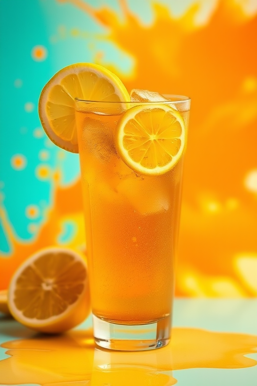 A vibrant still life of a glass of iced tea with lemon slices and ice cubes, set against a colorful splash background of orange and teal, captured in high resolution with a 50mm lens, f/1.8 aperture, ISO 100, soft natural lighting, and a shallow depth of field to emphasize the drink.