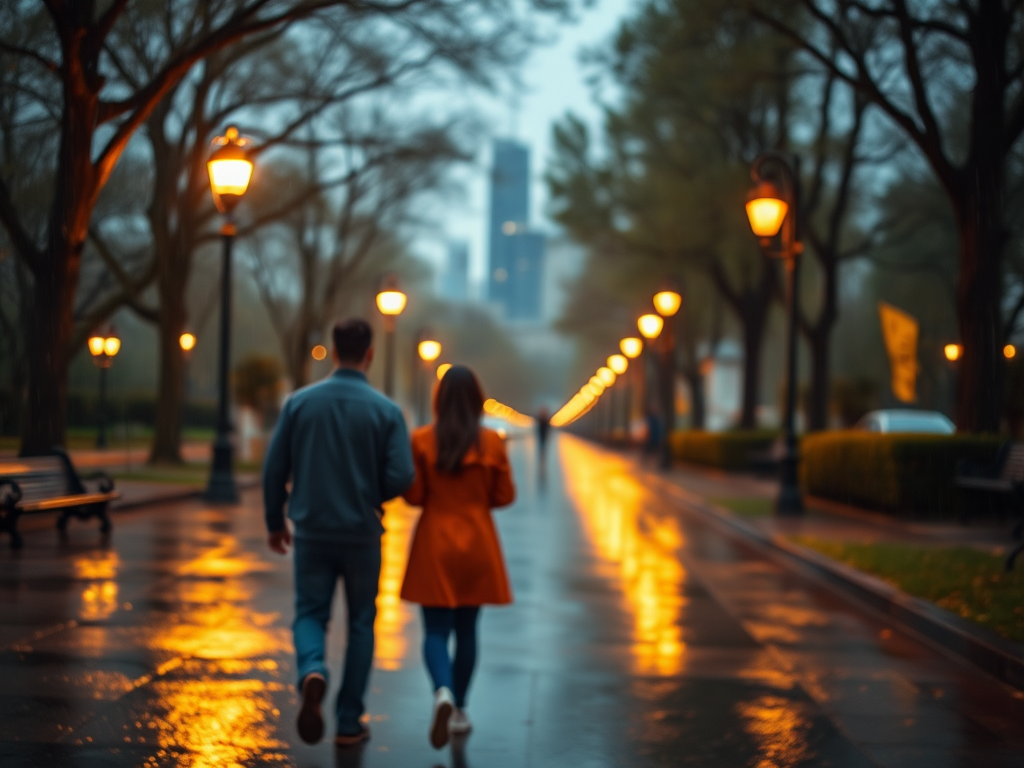 Blurry candid shot of a couple walking through a city park in the rain, soft golden light from nearby streetlamps reflecting off the wet pavement, with distant skyscrapers barely visible through the mist.