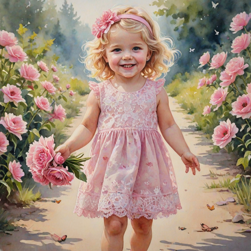 hyperrealism happy smiling toddler girl with messy wavy blonde hair with a headband, she is wearing a pink and white lace dress with pink and white shoes, she is holding a pink bouquet of flowers. Pink flowers and butterflies. summer background. Watercolor Highly detailed