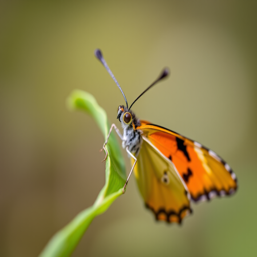Close-up shot of a butterfly perched on a green leaf, shallow depth of field, f/2.8 aperture, 1/200 sec shutter speed, ISO 100, taken with a macro lens at eye level, natural light for vibrant colors.